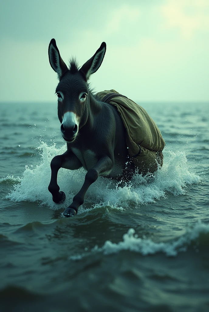 The donkey is drowning in a lot of water with a sack on his back