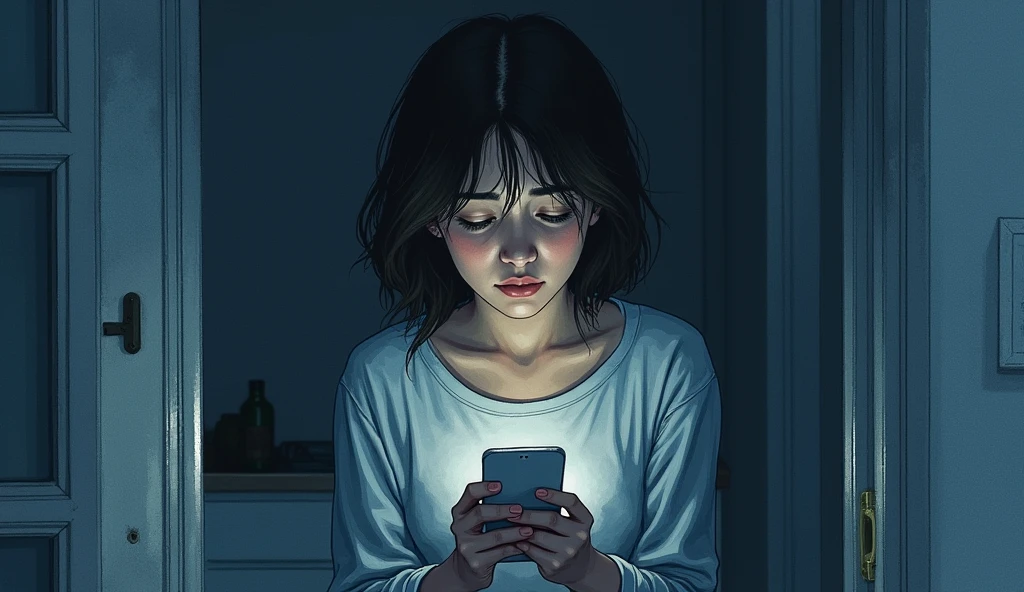 watercolor art a watercolor illustration sad woman holding her cellphone and getting depressed in the darkness, House
