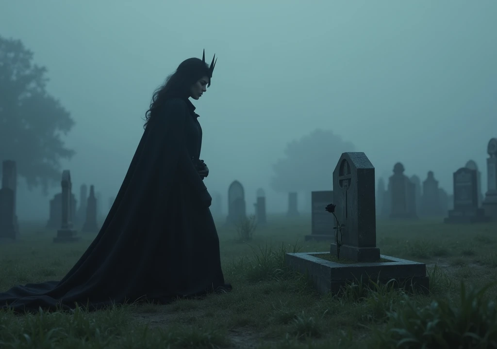fund:A cemetery surrounded by fog.
Action: CobraQueen stands in front of a grave, With an expression of determination. She kneels and places a black rose on the tombstone.. when getting up, the camera shows his gaze fixed on the horizon, as if he had just made an oath.