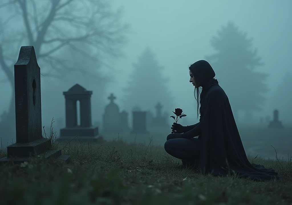 fund:A cemetery surrounded by fog.
Action: CobraQueen stands in front of a grave, With an expression of determination. She kneels and places a black rose on the tombstone.. when getting up, the camera shows his gaze fixed on the horizon, as if he had just made an oath.