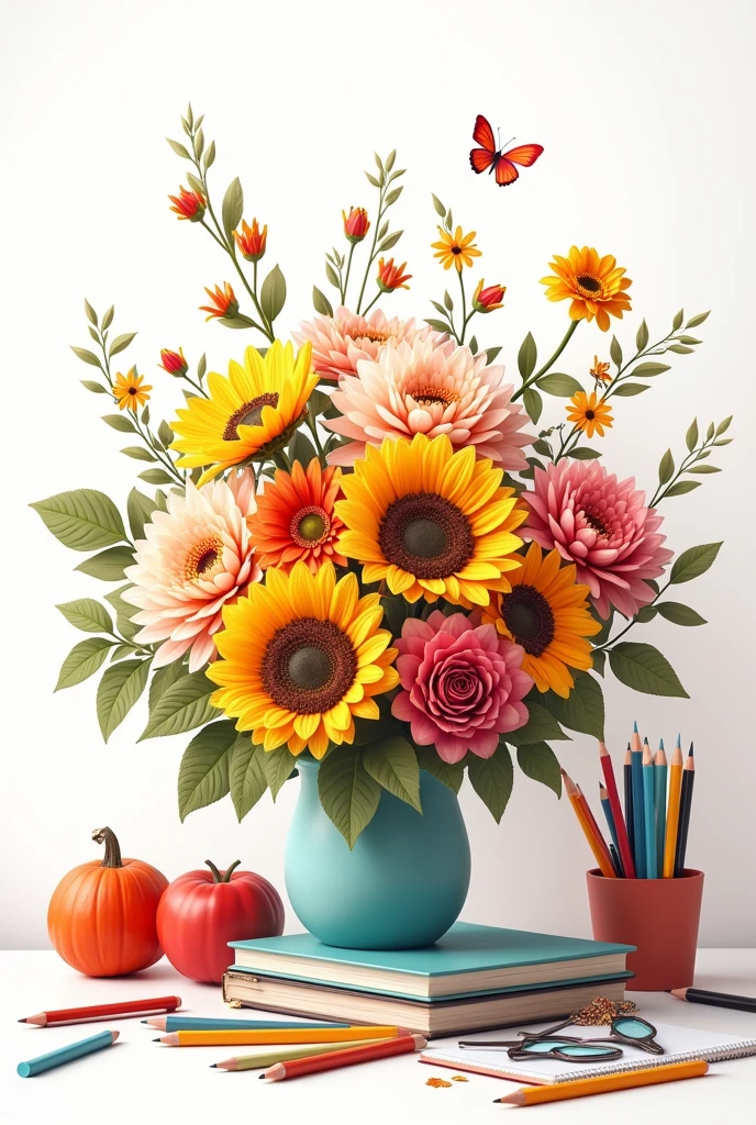 ((officially)) ((masterpiece)) ((Best quality)) ((detailed)) autumn bouquet of flowers and school supplies on white background