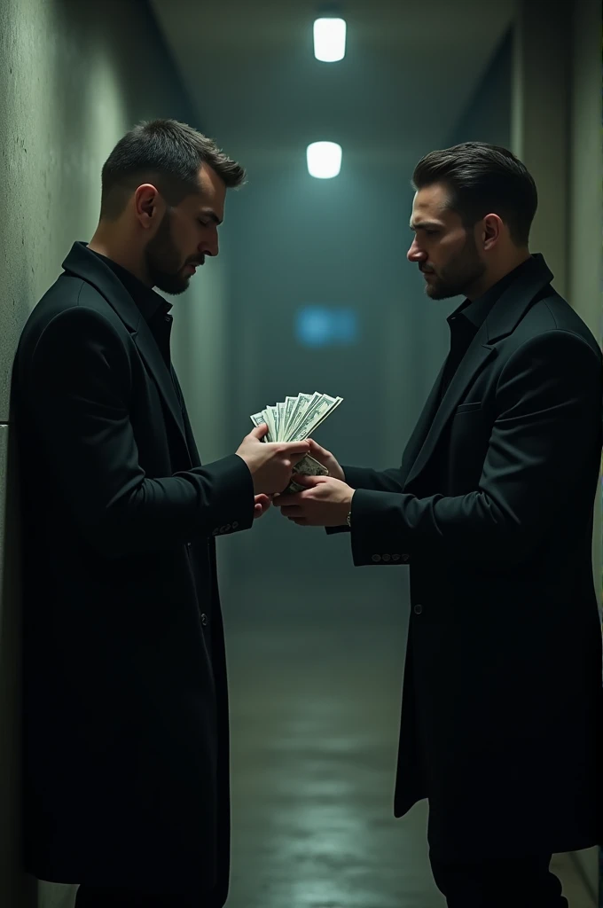 Two men are trading illegal goods, ?????, in a flash-forward mood like they are being arrested, in a fashionable way, wearing all black.