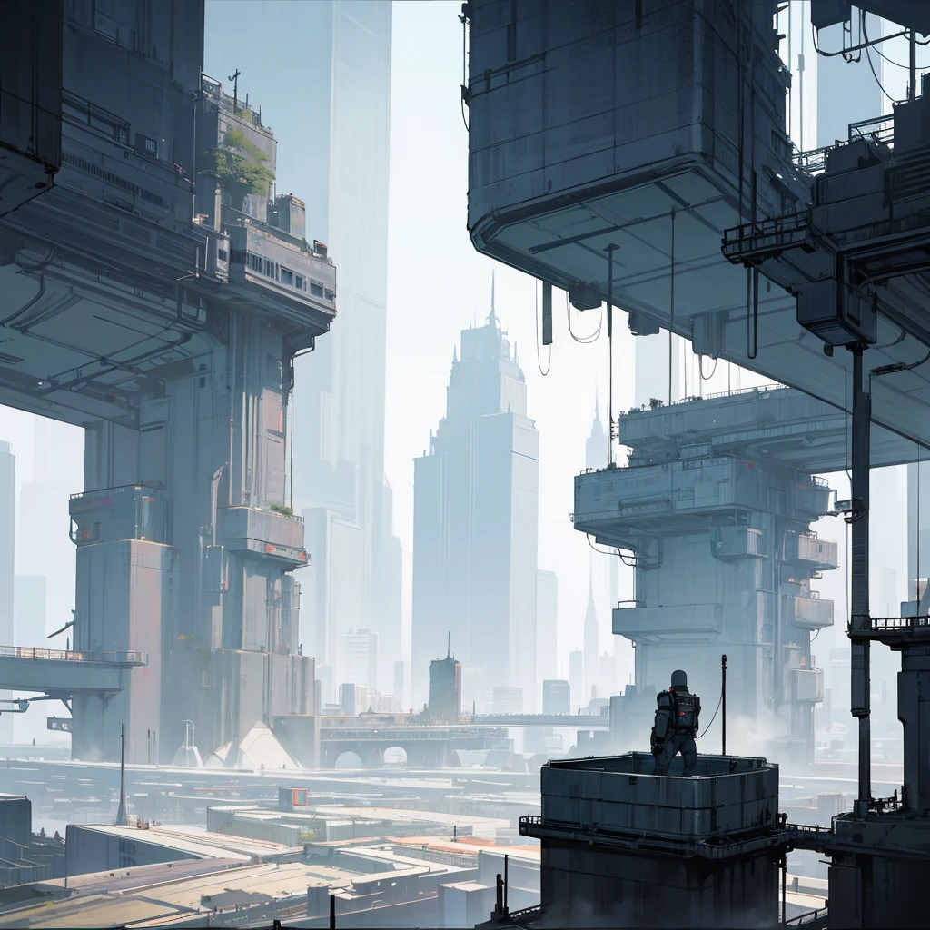 Panoramic view of a large landscape of a mega metropolis city with a futuristic retro future style with large buildings and large skyscrapers of sizes of 900 meters high that the buildings have all kinds of shapes and geometric shapes that the buildings are made of dark black metal and that the city is super technologically advanced that the city has everything that any city has and some small buildings ,that it has a dystopian style and that there is fog and that the architecture of the city is impressive and that it has a dystopian style and that the city is big