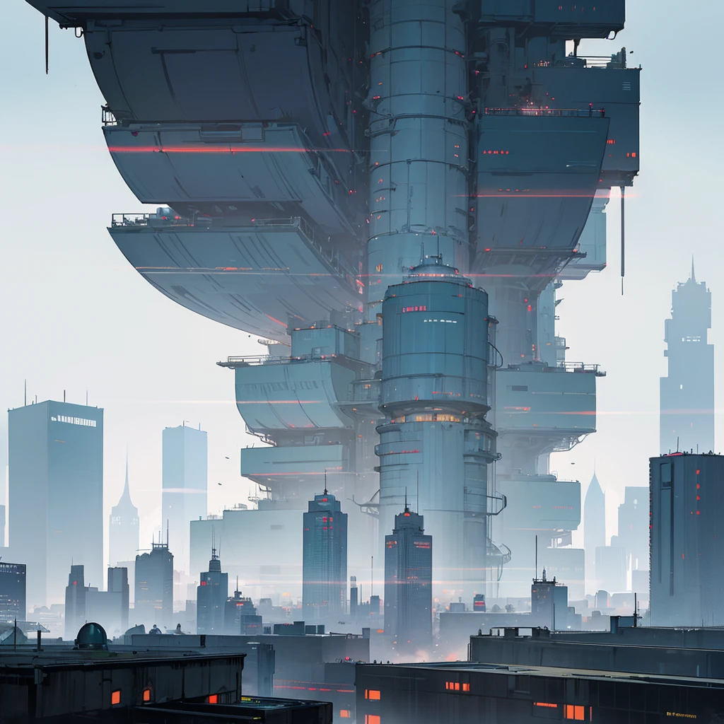 Panoramic view of a large landscape of a mega metropolis city with a futuristic retro future style with large buildings and large skyscrapers of sizes of 900 meters high that the buildings have all kinds of shapes and geometric shapes that the buildings are made of dark black metal and that the city is super technologically advanced that the city has everything that any city has and some small buildings ,that it has a dystopian style and that there is fog and that the architecture of the city is impressive and that it has a dystopian style and that the city is big 

