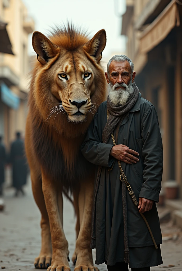A strange animal in the streets of Iraq with an old man. There is a lion with an Iraqi man defending it. 