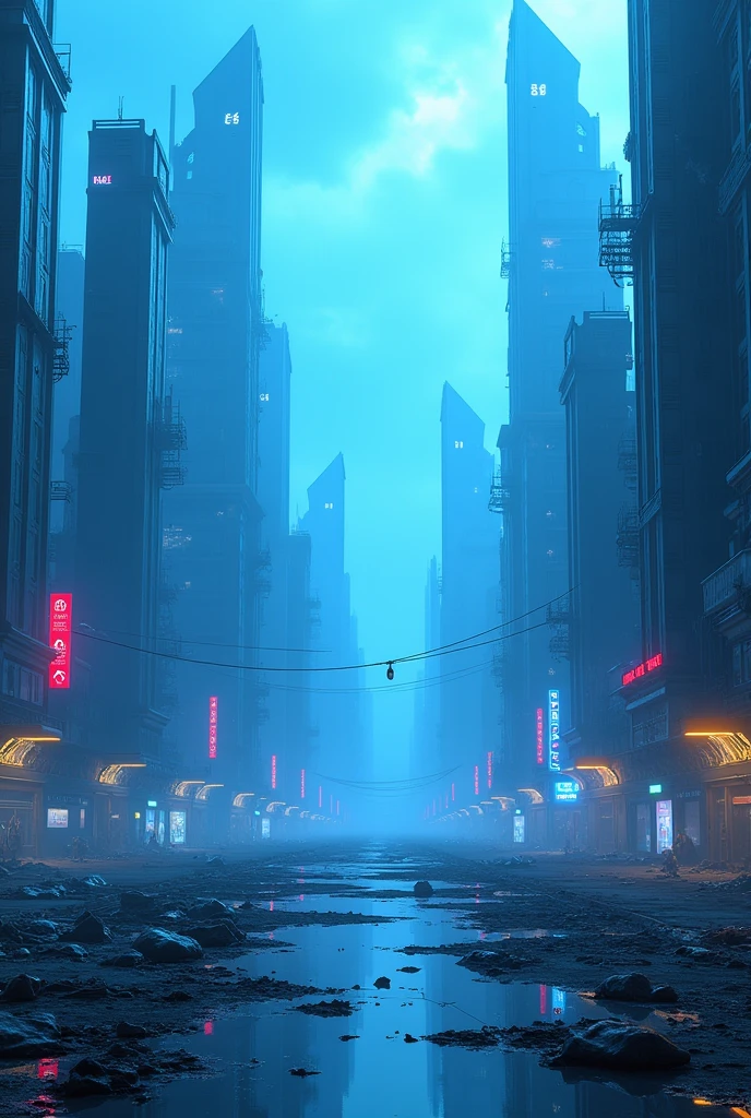 The scenery of a futuristic and dystopian city in shades of blue without including any characters