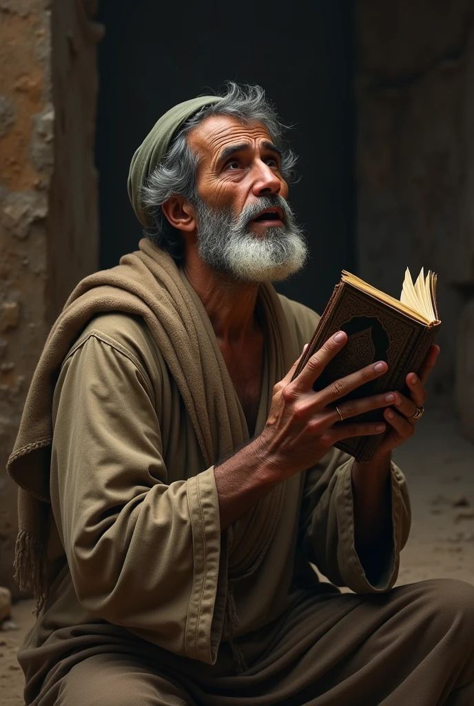 A poor man is raising both his hands and asking Allah for medicine by lifting the Holy Quran boy 