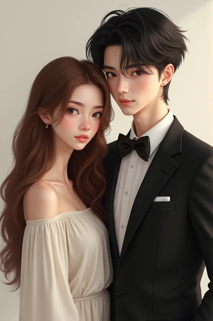 Make a girl with long brown hair with a boy in a suit with black hair