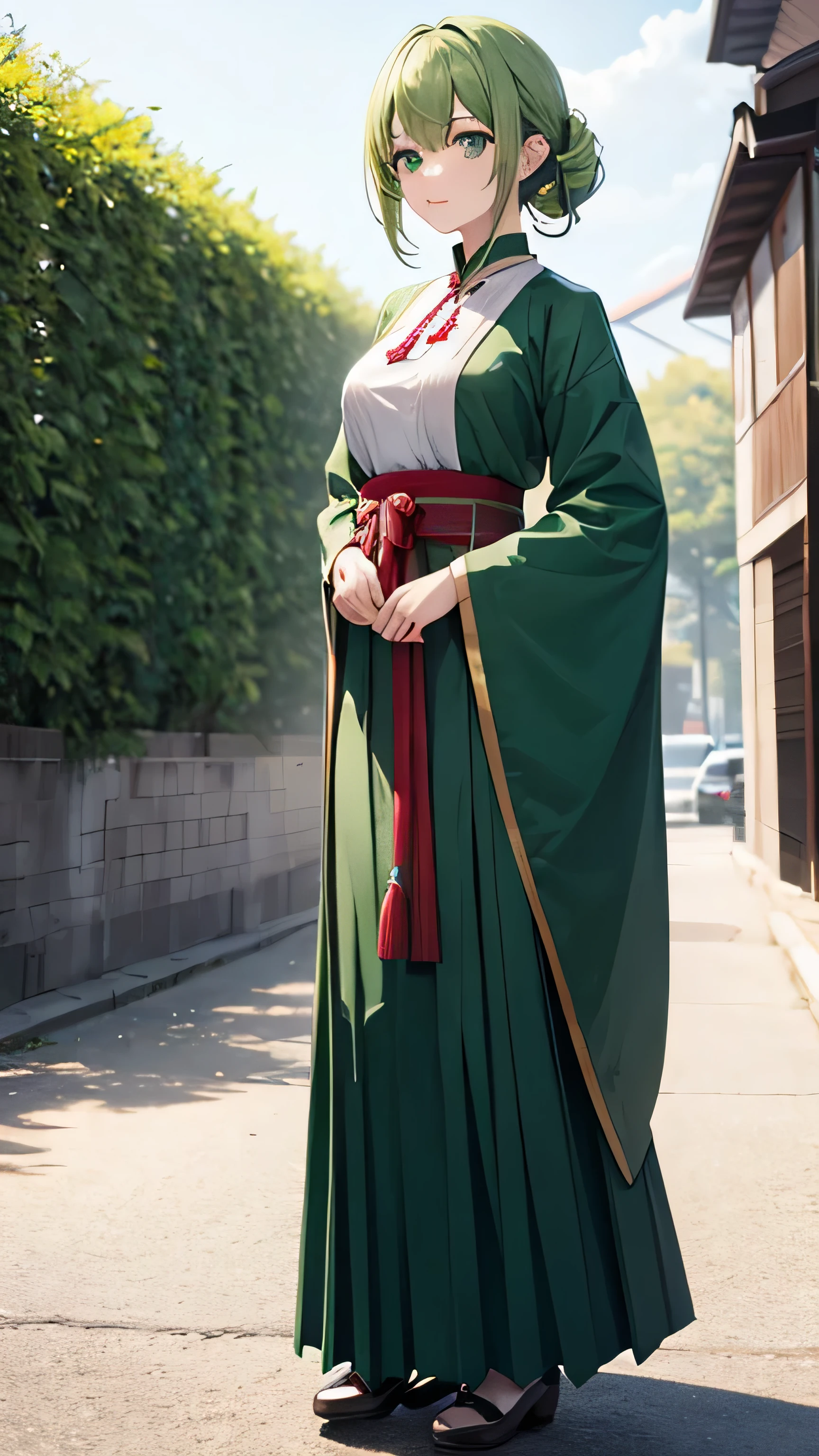 Fullbody,Green hair,Green Eyes,wear traditional dress