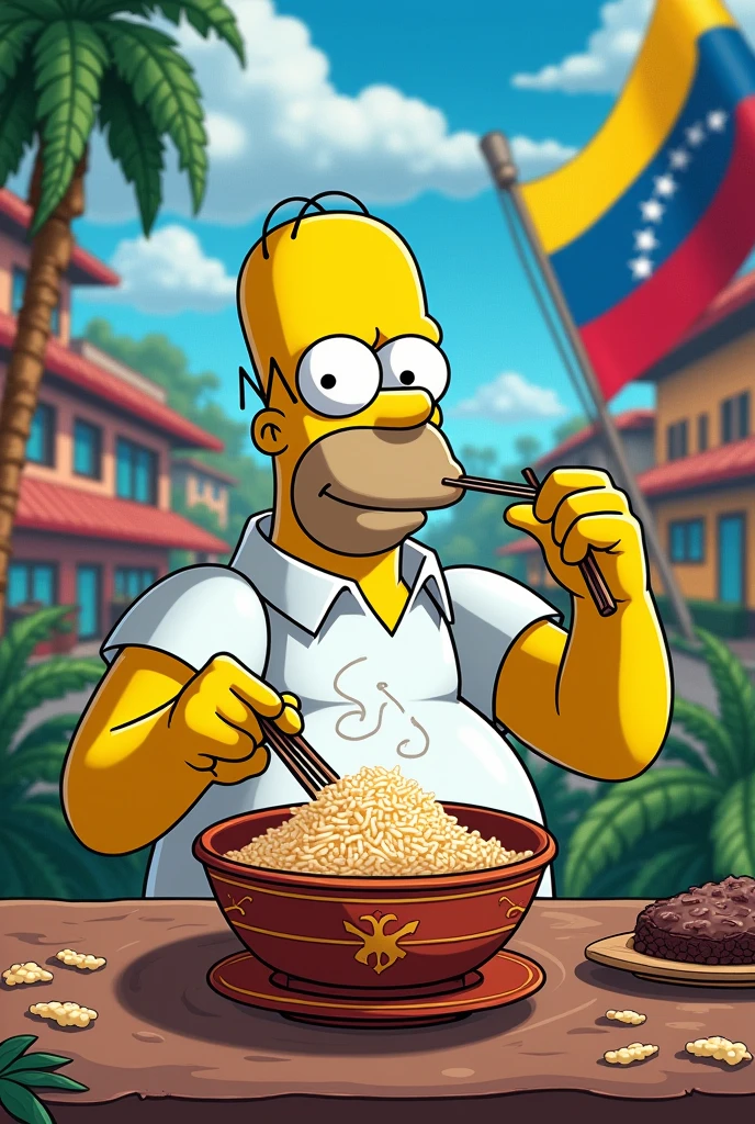 Homer Simpson eating Chinese rice in Venezuela, flag
