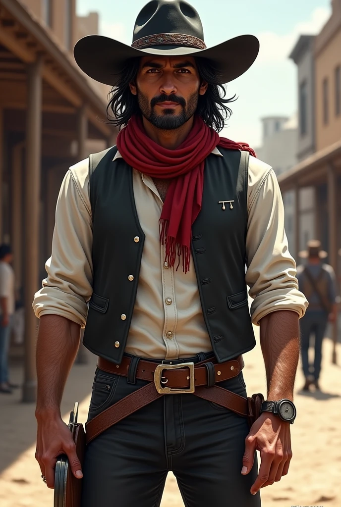 Create a full body art of a well-groomed adult Mexican street vendor with long, messy dark hair and a well-groomed mustache and goatee. He wears a dark vest and a plain white shirt. He wears a black hat. He wears black pants with a buckle. A red scarf is wrapped around his neck and boots with spurs. and his hands are in his pockets. The character should be styled in a fantasy RPG art style, set in the Wild West. He is a mature man and finished art.