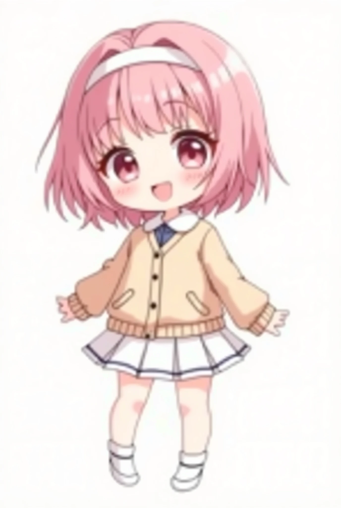 beautiful illustration, best quality, cute chibi girl, perfect face, beautiful smile,high quality, Short and neat pink hair , cute dark pink eyes, soft knit jacket long sleeve, white pleated skirt, white socks, dark brown Japanese school shoes, a white headband