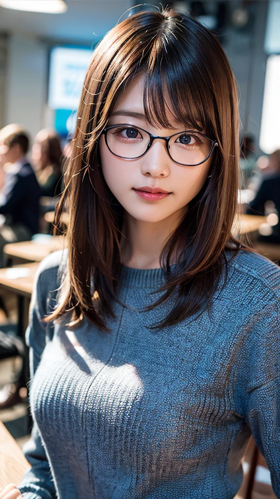 (8K、Raw photography、top-quality、masterpiece:1.2)、(realisitic、Photorealsitic:1.37)、ultra-detailliert、超A high resolution、1人、see the beholder、beautifull detailed face、A smile、Constriction、(Slim waist) :1.3)、Shirts、Beautiful detailed skin、Skin Texture、Floating hair、Professional Lighting、Company meeting room、Rimmed glasses、Whole human body、Black hair