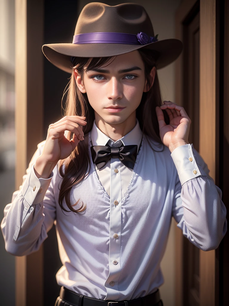 Alone, High resolution, looking at the viewer, violet eyes, masterpiece, The best quality, Awarded many times, detail, HD Model, details altos, high quality, quality, Very detailed, UHD, pale, Fedora, blurred, young, Chico, man, 1male, Brown hair,