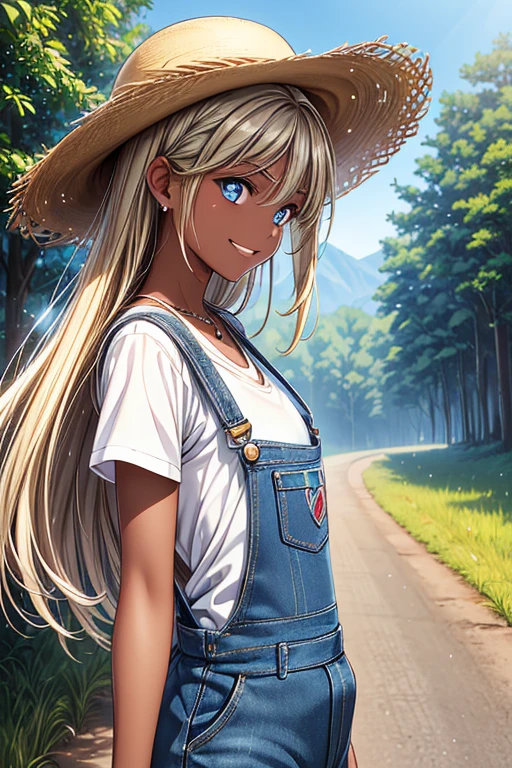 #Basics Girl posing for a photo, animeのcute少女, ((One Girl)), ((:1.5)), ((cute:1.5)), (()),
break
#Clothing Accessories
(blue denim overalls:1.4) + (White shirt) + (Long blue denim jeans:1.4) + (Red sneakers) + ((Straw hat)),
((black gemstone earrings)), (Silver Necklace),
break
#Features
((Blonde:1.2)), ((Long Hair) : Voluminous Hair + Hair blowing in the wind + Wavy Hair),
((Big eyes:1.4)), ((blue eyes)),
(Small breasts:1.2), (中性的な顔のFeatures),
(Tanned dark skin:1.3),
break
#background environment
((noon, Rural landscape + Forest road + blue sky)),
#Facial Expression Pose
((Wicked Smile:1.2)), ((hand on headwear, chasing rabbits)),
#composition
((Side angle:1.2)), ((Cowboy Shot)),
break
#Body parts elements
(Slim figure),
(Symmetrical facial features),
(Detailed Hair, Beautiful Hair, Shiny Hair),
(double eyelid, Long eyelashes, Thin eyebrows:0.5),
(Detailed eyes), (Beautiful Eyes), (Sparkling eyes), Glitter Eyeliner,
(Human Ear),
(Beautiful Nose, Thin Nose),
(Glossy Lips, Beautiful Lips, Thick lips),
(Detailed skin, Textured skin, Beautiful Skin, Oily skin),
break
#quality
(((最高quality)), ((masterpiece:1.3)), ((Very detailed))), ((Ultra-high resolution)), ((16K)), ((1080P)), ((Full HD)),
((Anatomically correct)), ((Realistic)), (3DCG), ((Oil painting)),
((comics, anime)), (CG illustration), (RAW Photos),