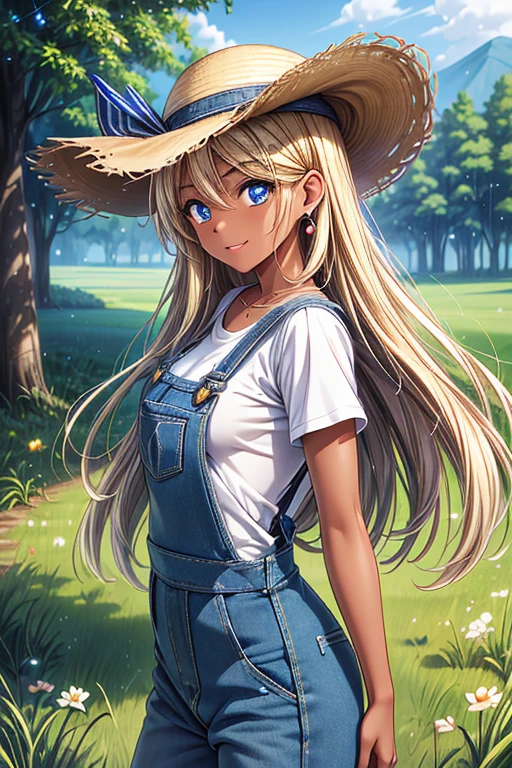 #Basics Girl posing for a photo, animeのcute少女, ((One Girl)), ((:1.5)), ((cute:1.5)), (()), 
break 

#Clothing Accessories 
(blue denim overalls:1.4) + (White shirt) + (Long blue denim jeans:1.4) + (Red sneakers) + ((Straw hat)), 
((black gemstone earrings)), (Silver Necklace), 
break 

#Features 
((Blonde:1.2)), ((Long Hair) : Voluminous Hair + Hair blowing in the wind + Wavy Hair), 
((Big eyes:1.4)), ((blue eyes)), 
(Small breasts:1.2), (中性的な顔のFeatures),  
(Tanned dark skin:1.3), 
break 

#background environment 
((noon, Rural landscape + Forest road + blue sky)), 
#Facial Expression Pose 
((Wicked Smile:1.2)), ((hand on headwear, chasing rabbits)), 
#composition 
((Side angle:1.2)), ((Cowboy Shot)), 
break 

#Body parts elements 
(Slim figure), 
(Symmetrical facial features), 
(Detailed Hair, Beautiful Hair, Shiny Hair), 
(double eyelid, Long eyelashes, Thin eyebrows:0.5), 
(Detailed eyes), (Beautiful Eyes), (Sparkling eyes), Glitter Eyeliner, 
(Human Ear), 
(Beautiful Nose, Thin Nose), 
(Glossy Lips, Beautiful Lips, Thick lips), 
(Detailed skin, Textured skin, Beautiful Skin, Oily skin), 
break 

#quality  
(((最高quality)), ((masterpiece:1.3)), ((Very detailed))), ((Ultra-high resolution)), ((16K)), ((1080P)), ((Full HD)), 
((Anatomically correct)), ((Realistic)), (3DCG), ((Oil painting)), 
((comics, anime)), (CG illustration), (RAW Photos), 
