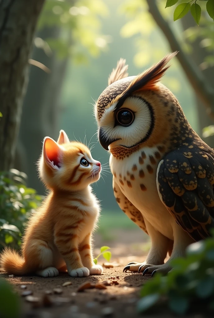 Kitten and owl seeing face to face 
