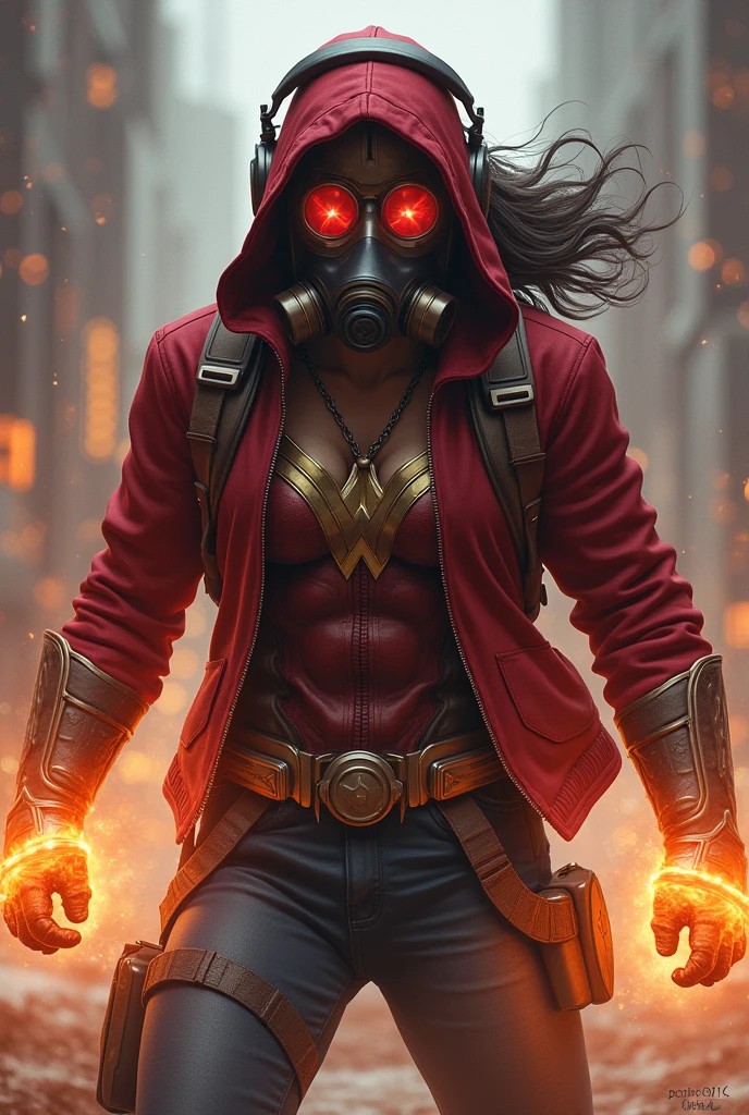 Kid Star-lord with red hoodie, headphones, star-lord helmet, gas helmet, covered mouth, round red eyes, Red eyes, magic rings in the hands and rocket boots, Vs, wonder woman, big breasts, Fighting, power, fiction, full body, 2 persons, magic lasso, hight, fall, fire in boots, poweful spells, realistic, helmet, mask, punch, gun, flying in the sky, love, passion, kissing, Romance