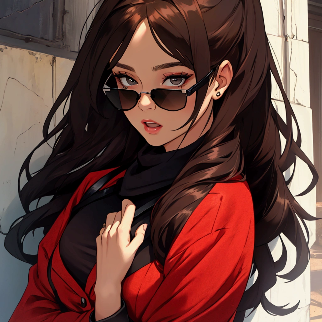 Young woman with dark brown hair, surprised and wearing black sunglasses
