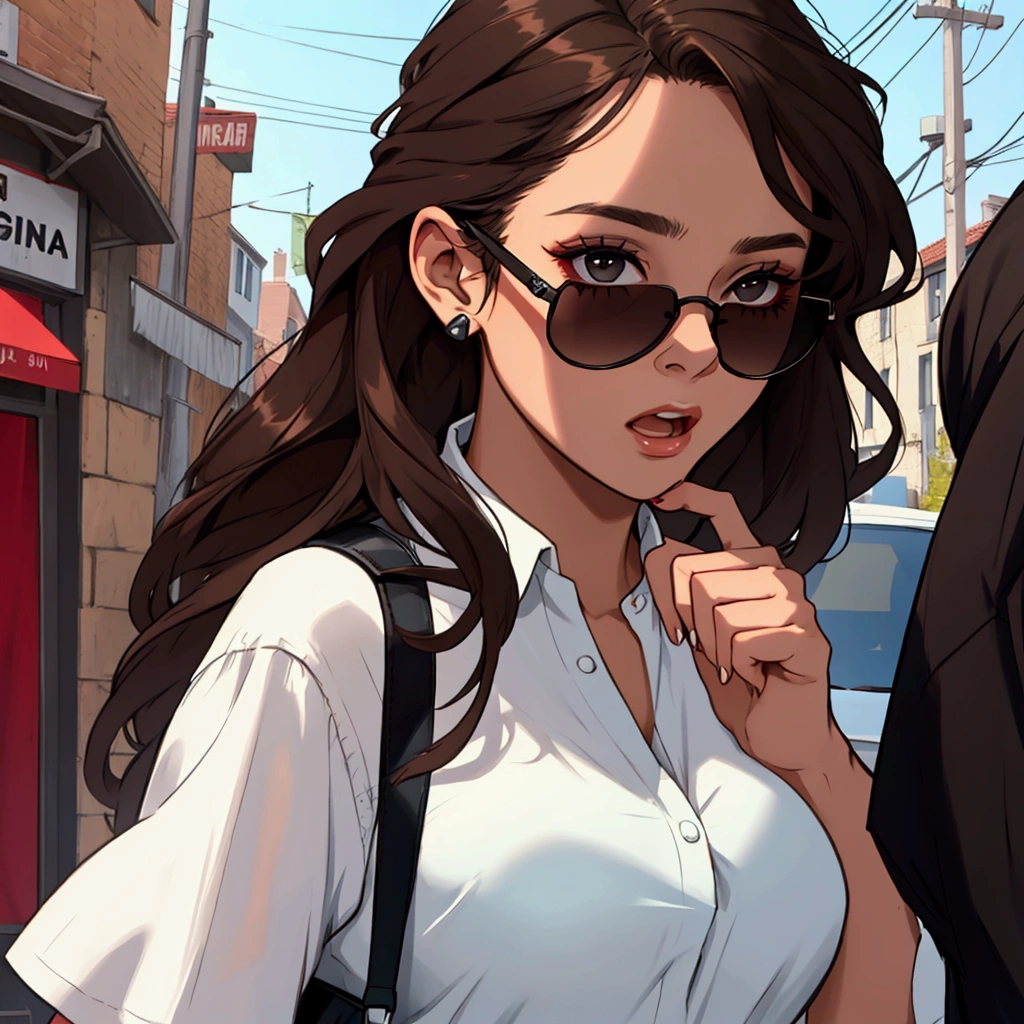 Young woman with dark brown hair, surprised and wearing black sunglasses