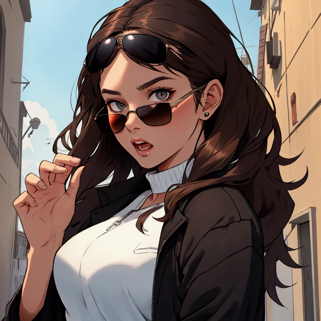 Young woman with dark brown hair, surprised and wearing black sunglasses
