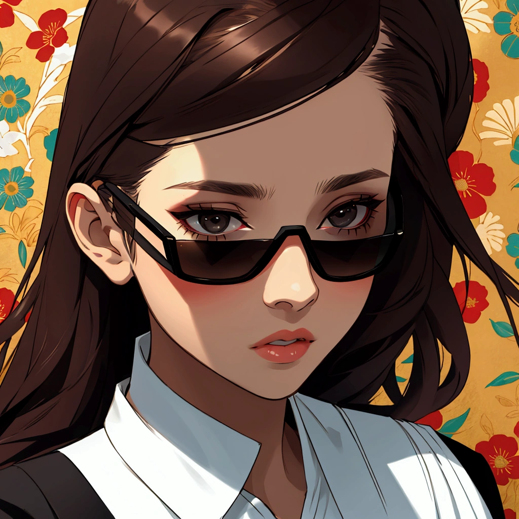 Young woman with dark brown hair, surprised and wearing black sunglasses