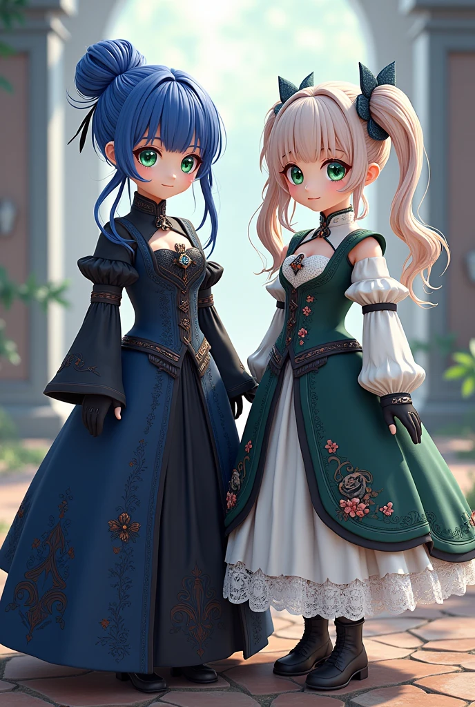 2 young girls, one with blueberry-colored hair with a bun with green eyes, long hair in front, gloves to the shoulder with a long dark blue and black dress.. The second one has two wavy pigtails and a short dark green and white dress, anime middle ages gemshing impact dresses, the two in front are the same size, girls looking straight ahead