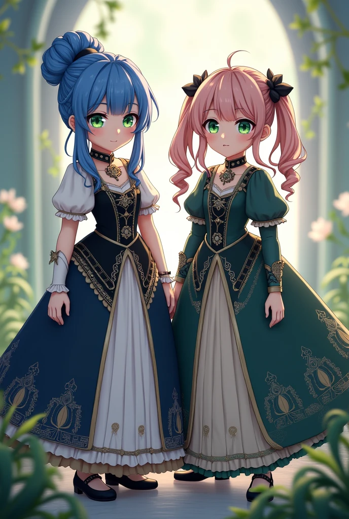 2 young girls, one with blueberry-colored hair with a bun with green eyes, long hair in front, gloves to the shoulder with a long dark blue and black dress.. The second one has two wavy pigtails and a short dark green and white dress, anime middle ages gemshing impact dresses, the two in front are the same size,  girls looking straight ahead