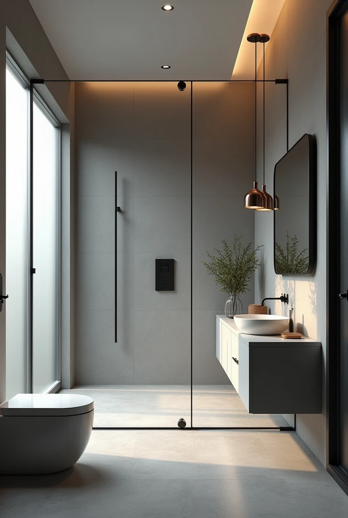 bathroom modern, ultra-realistic , 8k, ultra realistic render , 4K , photo realist , glass box up to the ceiling , metal therefore , matte gray floor , stone countertop , small window with frosted glass , moderno , luxurious , a hanging vase