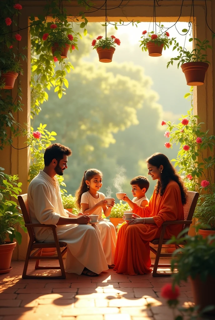 An indian family of four sitting on terrace gallery full of plants and flowers with tea in hand , smiling and feeling relaxed