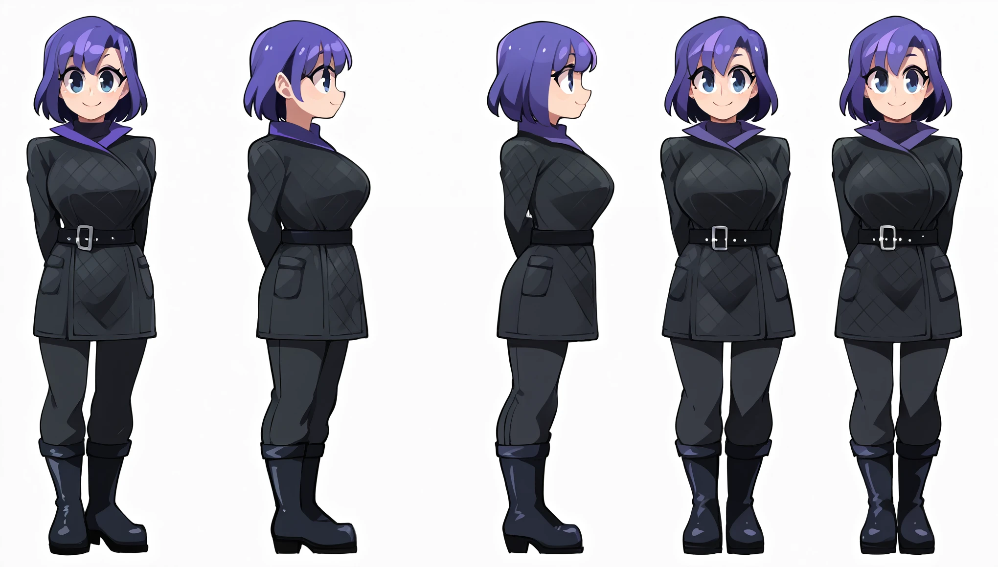 score_9, score_8_up, score_7_up, score_6_up, score_5_up, score_4_up, (source_anime), 1girl, smile, full body, looking at viewer, short purple hair styled casually, , purple turtleneck sweater underneath, fitted black diamond pattern padded jacket, belt with square metal buckle at the waist, fitted black pants with two side pockets, black high boots with purple details, dynamic pose, wearing black gloves, casual, score_9, solo, tvwoman, spread arms, High resolution, Short hair, Accurate, Anatomically correct, Best quality, Quality, Big breasts, From the side, Tv Woman, character sheet, [GP] Bongfill Style [Pony XL], A highly detailed, full-body illustration of a female character in an anime style. She has short purple hair, styled casually, and is wearing a black quilted jacket with a diamond pattern. The jacket reaches down to her upper thighs and is fully closed, featuring a wide belt with a square metallic buckle at the waist, emphasizing her silhouette. Underneath the jacket, there is a purple turtleneck sweater that fits snugly. She also wears fitted black pants with side pockets, complementing her figure. Her footwear consists of tall black boots with subtle purple accents that match the turtleneck. The character wears black gloves, which add a sleek and stylish touch to the outfit. The background is simple and neutral to ensure that the focus remains on the character's attire and overall appearance. The scene is depicted in a dynamic pose, with the character looking confidently at the viewer, conceptart,multiple views,white background,simple background, different perspective of the character, soft line art, thick lines, marked line art,