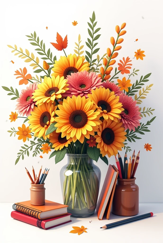 ((officially)) ((masterpiece)) ((Best quality)) ((detailed)) autumn bouquet of flowers and school supplies on white background