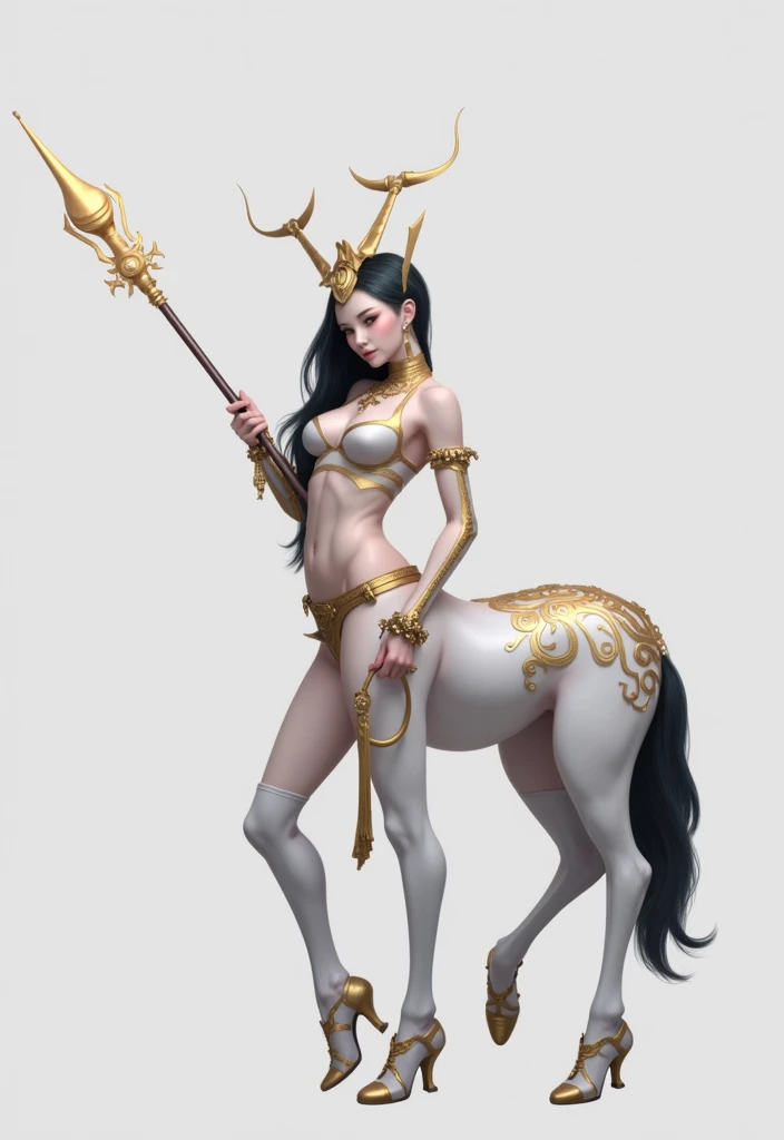 masterpiece,(Best quality:1.3),Centaur girl,lora:Centaur girlV1.0:0.6,(Icefield:1.3),(Head and body 1：9：1.3)Nine-head body，Holding a long weapon，Ancient mythology character Erlang Shen costume，（cos Jiro God）（Refer to Jiao Enjun&#39;s Erlang Shen costume）（Golden pattern kneepads，Elbow pads，Wristband，Golden Boot，）（Golden pattern saddle）Horse&#39;s body full of golden ancient Chinese armor，Golden headdress，Elegant, beautiful and elegant，All four legs are the same thickness，Ancient Chinese warframe，Mythological Characters Costumes，Background of the picture: Ancient Chinese Heavenly Palace，Mythology Background，Luck is surrounded by colorful clouds，Smooth skin，Black Hair，Perfect facial features，Full breasts，(Leather belt bracelet neck: 1.4)，(White crystal high heels: 1.6)，Fair and translucent skin，Pale skin，Peach-like skin，The milky white porcelain skin of the eggs