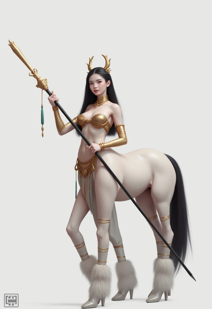 masterpiece,(Best quality:1.3),Centaur girl,lora:Centaur girlV1.0:0.6,(Icefield:1.3),(Head and body 1:9:1.3)Nine-head body,Holding a long weapon,Ancient mythology character Erlang Shen costume,(cos Jiro God)(Refer to Jiao Enjun's Erlang Shen costume)(Golden pattern kneepads,Elbow pads,Wristband,Golden Boot,)(Golden pattern saddle)Horse's body full of golden ancient Chinese armor,Golden headdress,Elegant, beautiful and elegant,All four legs are the same thickness,Ancient Chinese warframe,Mythological Characters Costumes,Background of the picture: Ancient Chinese Heavenly Palace,Mythology Background,Luck is surrounded by colorful clouds,Smooth skin,Black Hair,Perfect facial features,Full breasts,(Leather belt bracelet neck: 1.4),(White crystal high heels: 1.6),Fair and translucent skin,Pale skin,Peach-like skin,The milky white porcelain skin of the eggs