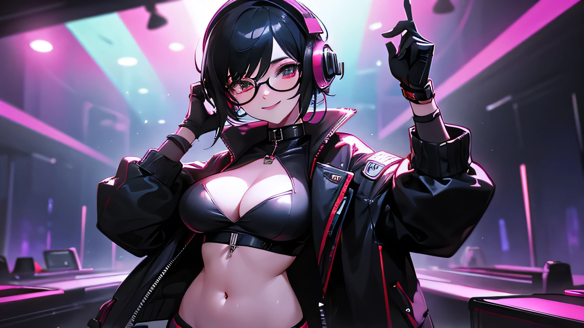 cyber punk,Music Clubs, Nightclub, One person,Female DJ,Early 20s,Black-rimmed round glasses,Black short hair,Headphones,smile,Red rubber jacket,She has big breasts, Vibrant appearance, Playful accessories,Functional, Sharp Eyes,Open chest,Belly button,Charm
