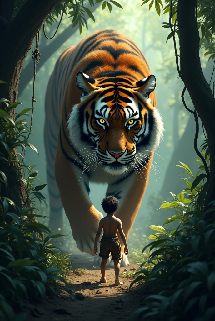 A tense jungle scene depicting Shere Khan, a fierce tiger with glowing eyes, lurking in the shadows. The atmosphere is dark and foreboding, with dense undergrowth and towering trees. Mowgli, looking brave yet concerned, is seen glancing in Shere Khan's direction. The tension in the air is palpable as the predator prepares to pounce, highlighting the danger that Mowgli faces.