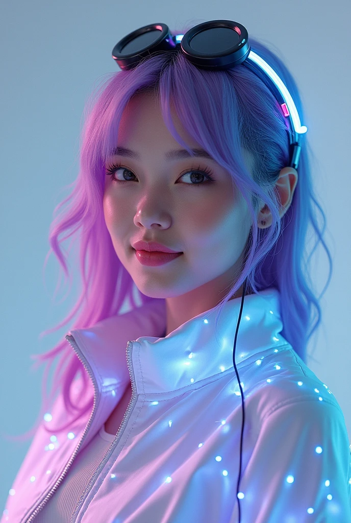 Best quality 8k young woman lilac hair with LED headset and holographic jacket she is centered looking directly at the camera smiling 
