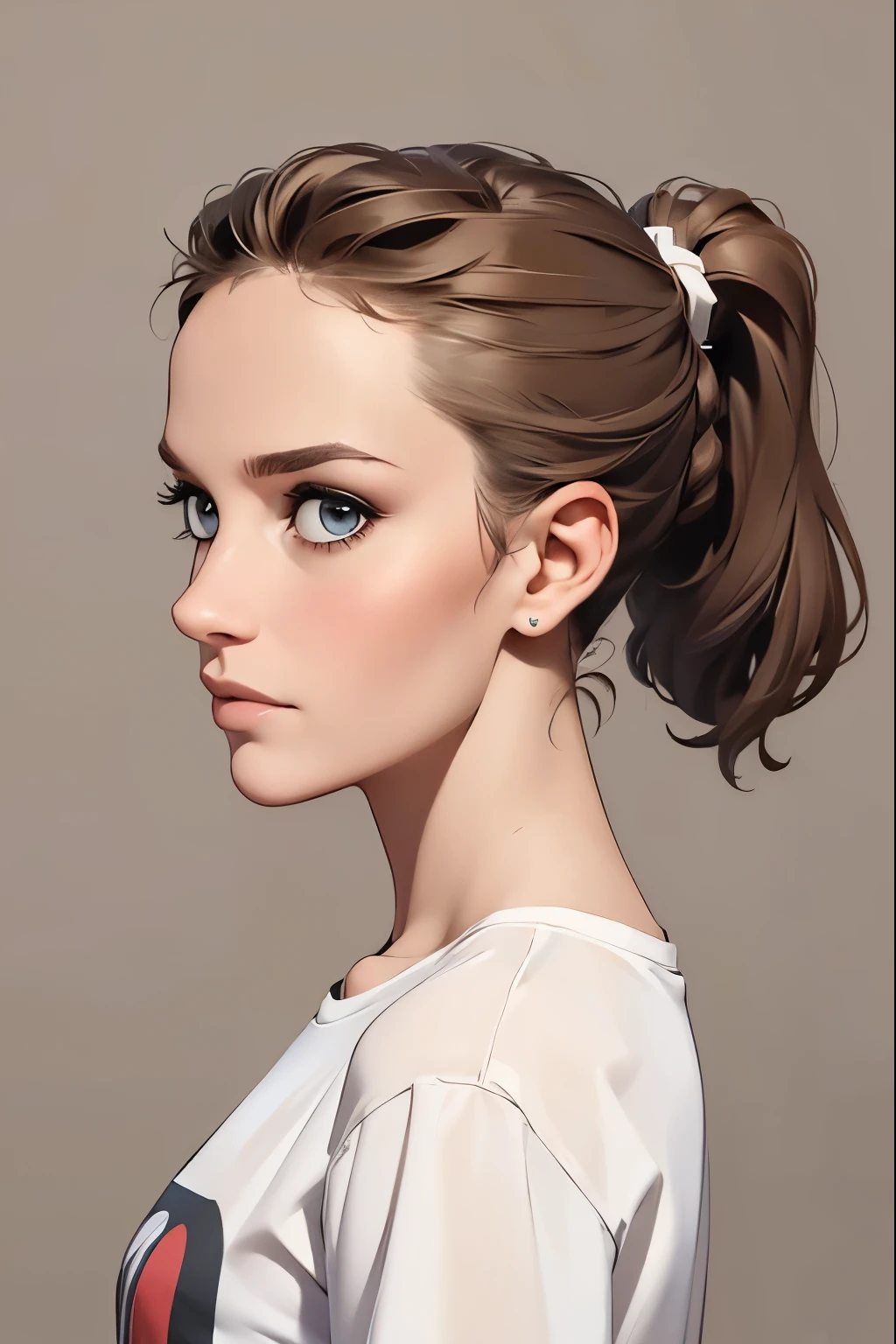 ((masterpiece, best quality)), a woman in a t shirt , looking from the side, with a ponytail