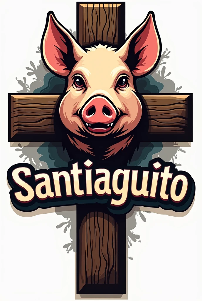 Create a logo for a pig on a cross with the name SANTIAGUITO 
