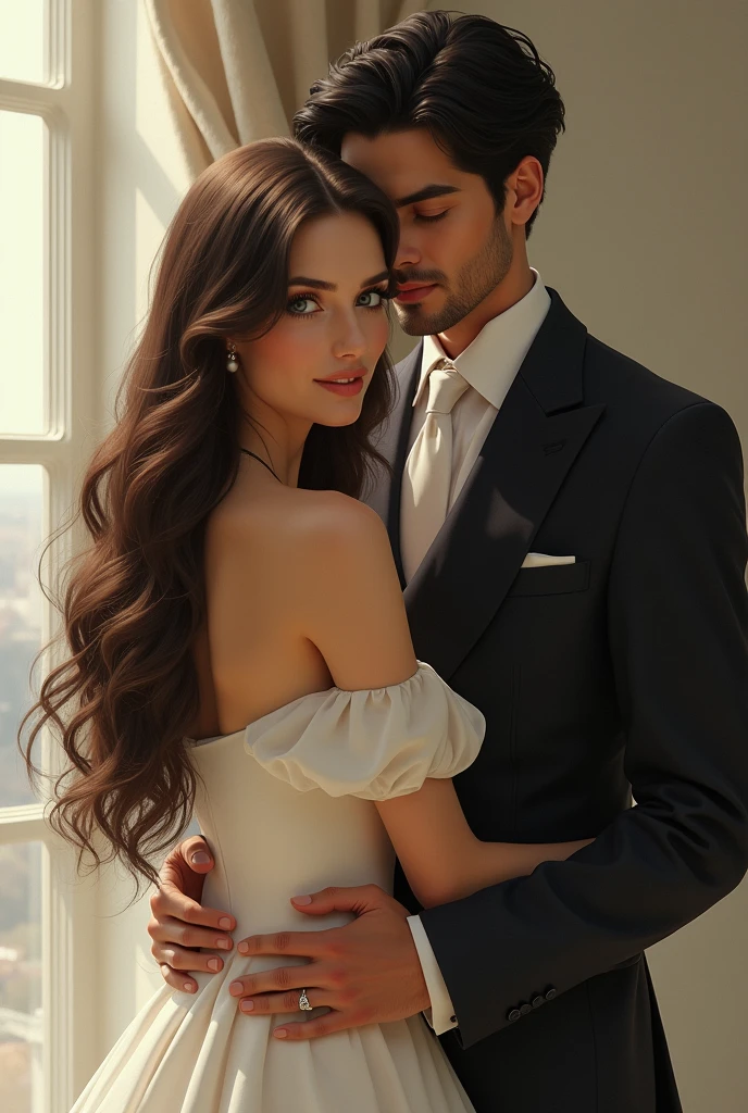 Make a woman with long brown hair with a man in a suit with black hair