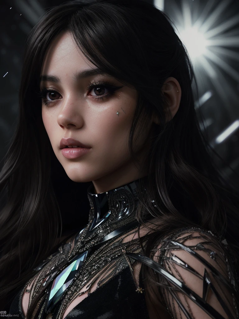 a beautiful anime girl with long dark hair, extremely detailed eyes with long lashes, beautiful detailed lips, extremely detailed and realistic facial features, wearing an intricate crystal bodysuit with reflective crystalline textures and glowing shards, posing dramatically with striking cinematic lighting, dark moody atmosphere, deep rich colors, hyper realistic, 8k, ultra detailed, masterpiece, concept art