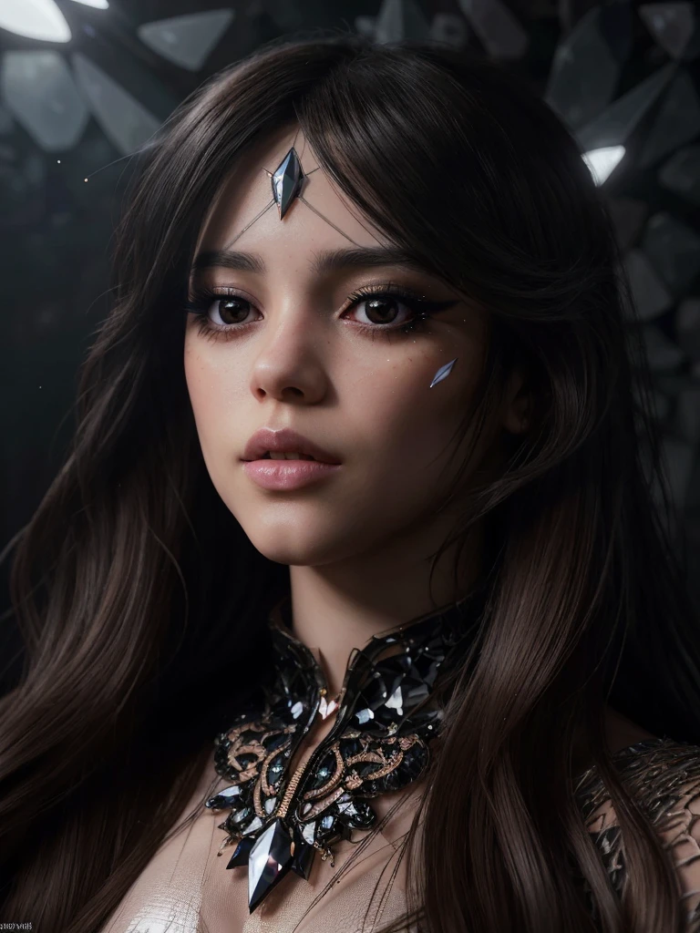 a beautiful anime girl with long dark hair, extremely detailed eyes with long lashes, beautiful detailed lips, extremely detailed and realistic facial features, wearing an intricate crystal bodysuit with reflective crystalline textures and glowing shards, posing dramatically with striking cinematic lighting, dark moody atmosphere, deep rich colors, hyper realistic, 8k, ultra detailed, masterpiece, concept art