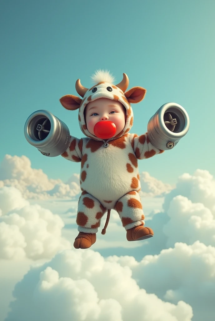 One in a cow suit flying with turbines under his arm, with red pacifier