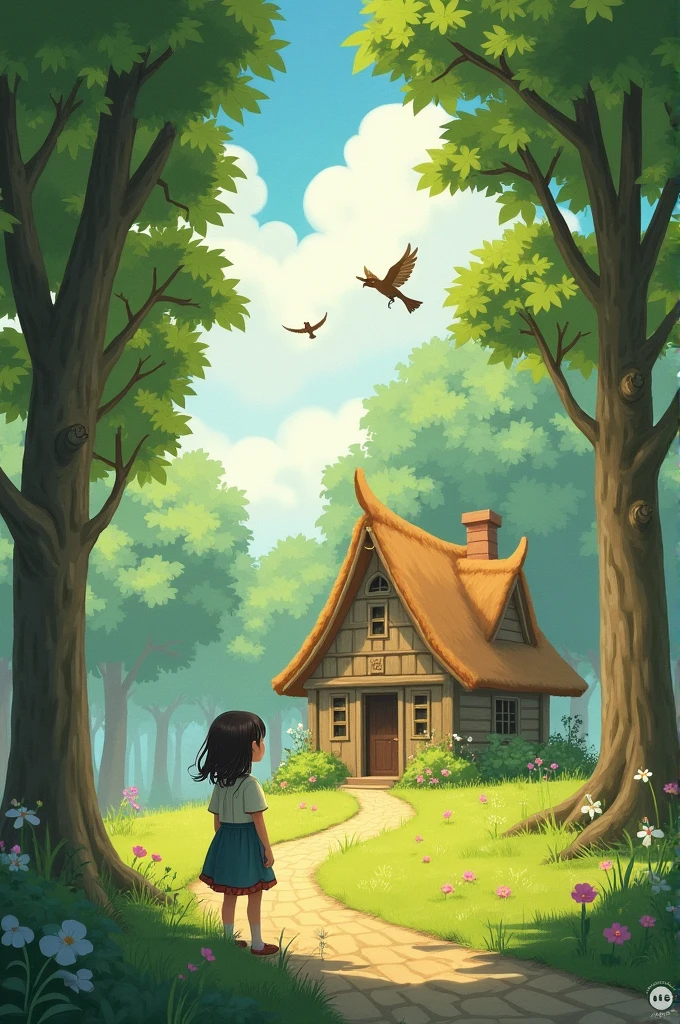 I want a house with a girl in front of the house full of trees around the house and little birds in the trees