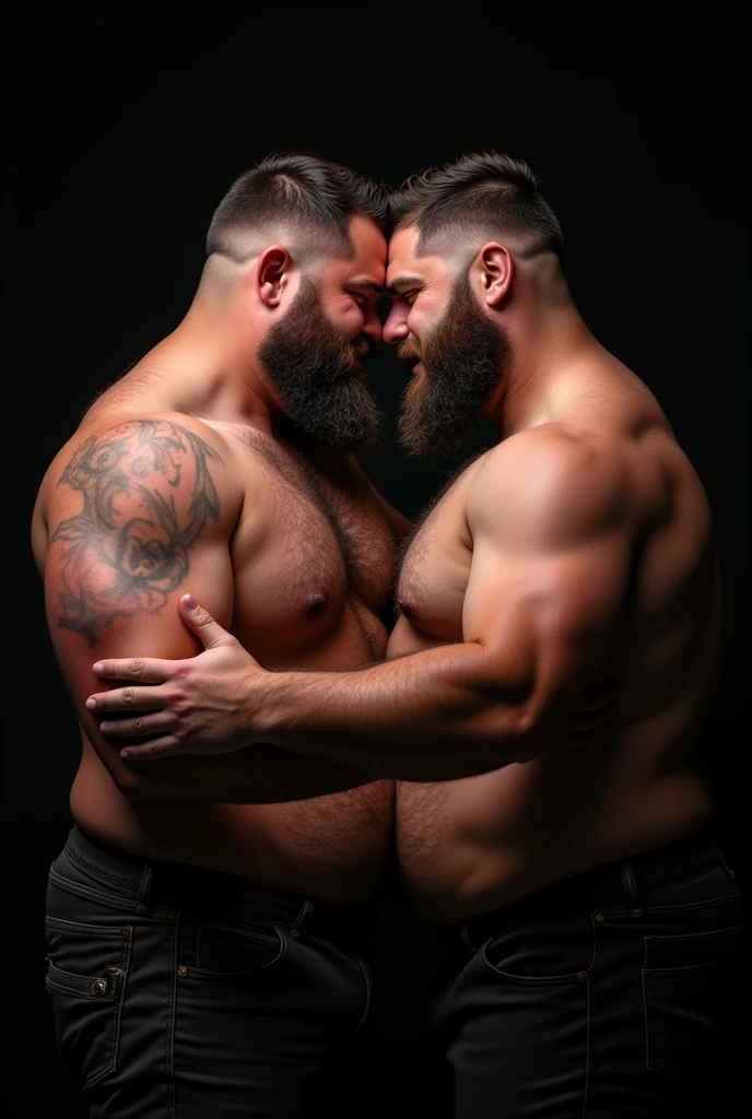 "8KUHD HDR Very Realistic Very Detailed High Quality Create a professional studio-style photograph featuring two 4 men, hdr burly, hdr hairy, hdr beared big daddy bear, and hdr very realistic detailed rugged man and his husband in boxers. Hdr very realistic beards, very hdr realistic hair, very hdr realistic beards, hdr very realistic thick chubby fat neck, hdr very realistic neck, hdr very realistic neck details, hdr very realistic neck lines, hdr very realistic belly, hdr very realistic chest, hdr very realistic strong chest and arms, hdr very realistic hairy chest and arms, hdr very realistic pecs, hdr very realistic burly body, hdr very realistic nipples, hdr very realistic burly body, hdr very realistic face, hdr very realistic eyes, hdr very realistic nose, hdr very realistic ears, hdr very realistic facial features, hdr very realistic arms, hdr very realistic hands, hdr very realistic wrists, hdr very realistic fingers, hdr very realistic fingernails, hdr very realistic shoulders, hdr very realistic mouth, hdr very realistic skin textures, hdr very realistic textures, hdr very realistic extricate detailing, hdr very realistic lips, hdr very realistic detailed skin, hdr very realistic skin, hdr very realistic heads, hdr very realistic ears, hdr very realistic nose, hdr very realistic facial features, hdr very realistic mens clothing, hdr very realistic detailed mens clothing. HDR A very realistic man and his husband are kissing each other, HDR very realistically kissing each other, in a HDR very realistic romantic and HDR virile scene. HDR Very Realistic Intricately Detailed, HDR Utilize all appropriate lighting techniques for studio photography. HDR The background should be black." No Deformities, HDR "everything is 8K HDR"