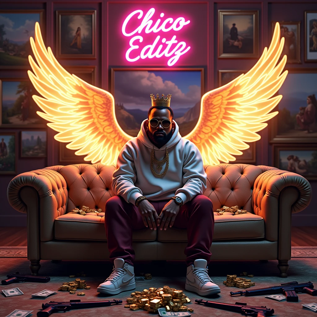 Create a realistic image where a man sitting on a sofa with glowing wings, there are many cash and gold on sofa with guns. At wall there are many luxury paintings and one big painting in middle. Character is wearing a huddie with sunglasses 🕶️,huddie in mix colour and half pant with Jordan air shoe , his hands on top of that sofa and a crown at the top of his head. In background "CHICO EDITZ" is written with neon and bold glowing effects which is just above the sofa