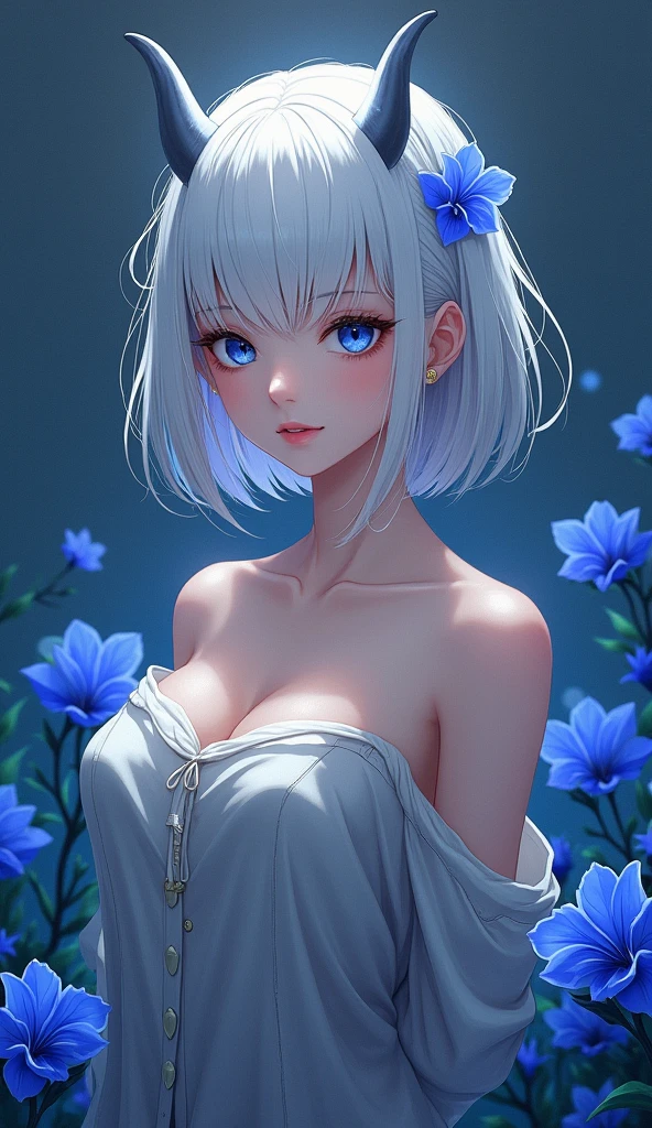 1girl, bethel, blue eyes, bare shoulders, breasts, medium breasts, short hair, white hair, hair over one eye, bangs, gloves, sleeveless, solo, shirt, fingerless gloves, white shirt, sleeveless shirt, arms behind back, off shoulder, horns, smile, (masterpiece), (best quality), (ultra detailed), indoors, simple background, blue flowers,