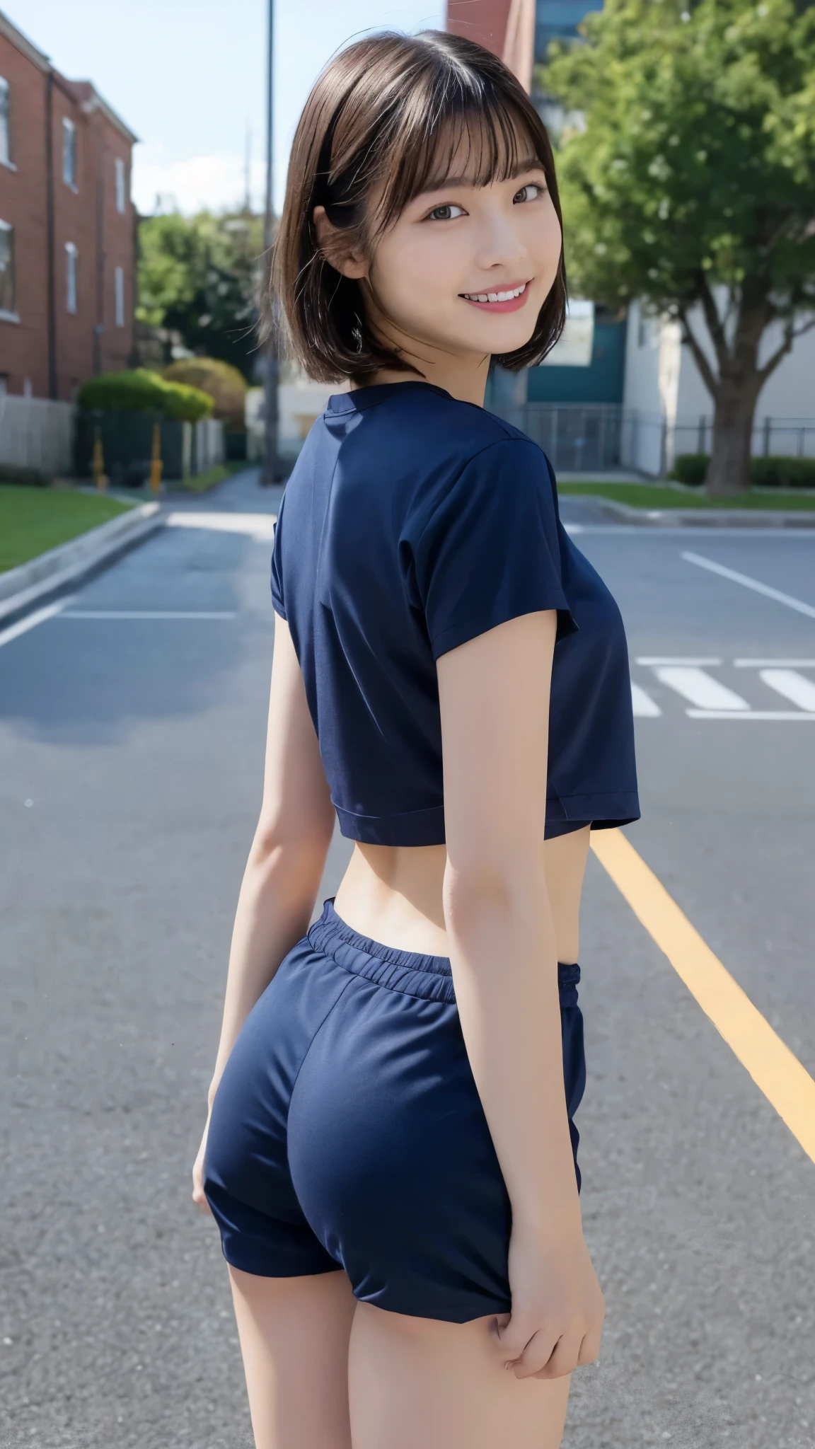 (2 seconds、Young Type、great joy、smile)、Very small ass:1.4、Very slim:1.4、Very small waist、Very thin thighs、Rear View、Highest quality、masterpiece、Ultra-high resolution、RAW Photos、kind、The light shines、Whole Body Ezbian、short hair、Speed Style Navy Blue Briefs(No logo)、White school gym shirt、In the schoolyard、summer
