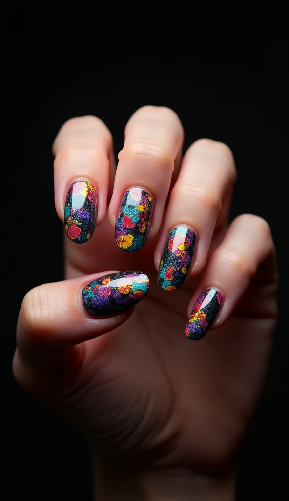 Create a colourful art style nail design in an oval shape nails with a black background with (realistic fingers) with perfect lighting