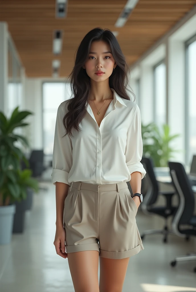 Woman standing up wearing shorts and working office top